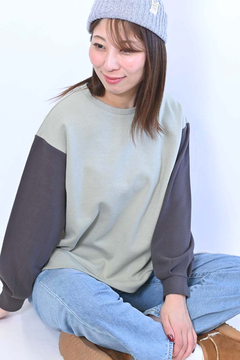 ≪SALE≫Tuck Sleeve Bicolor Pullover