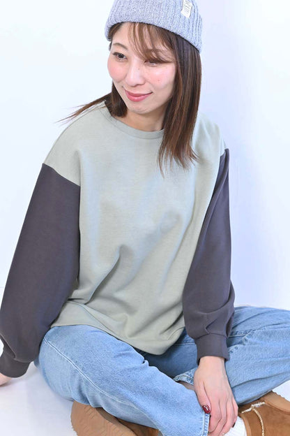 ≪SALE≫Tuck Sleeve Bicolor Pullover