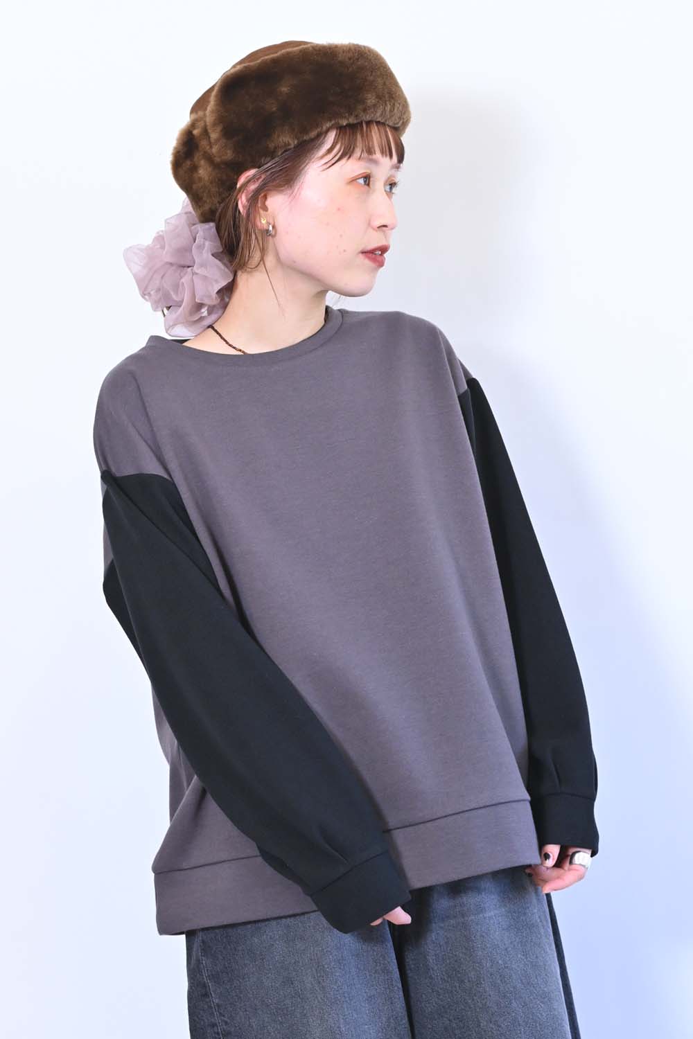 ≪SALE≫Tuck Sleeve Bicolor Pullover