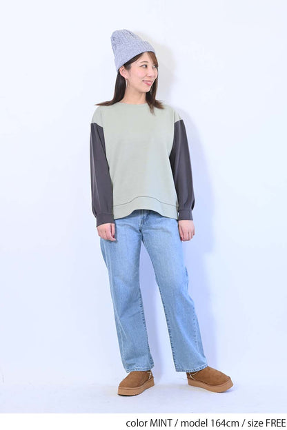 ≪SALE≫Tuck Sleeve Bicolor Pullover