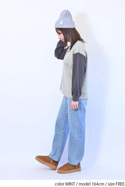 ≪SALE≫Tuck Sleeve Bicolor Pullover