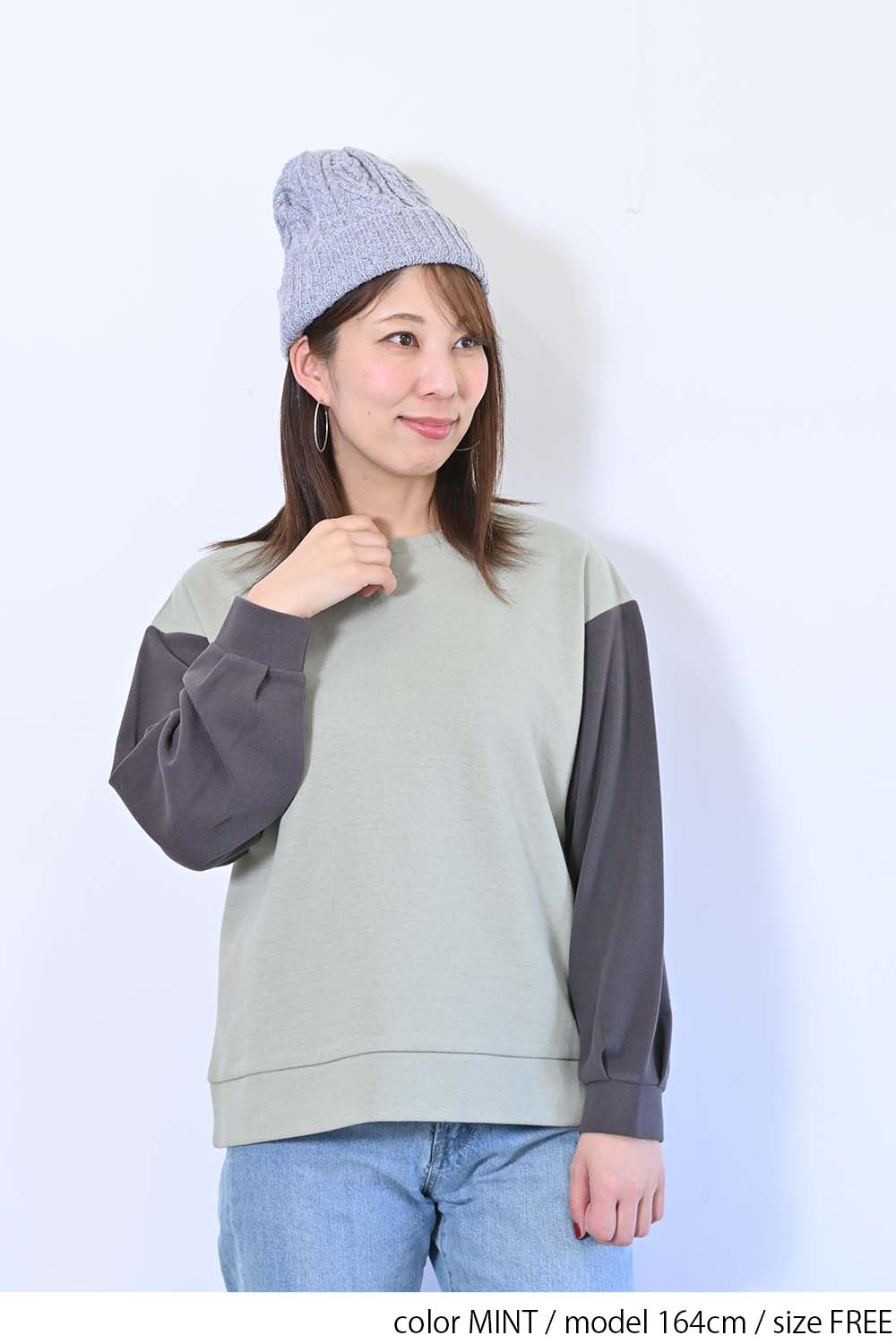 ≪SALE≫Tuck Sleeve Bicolor Pullover