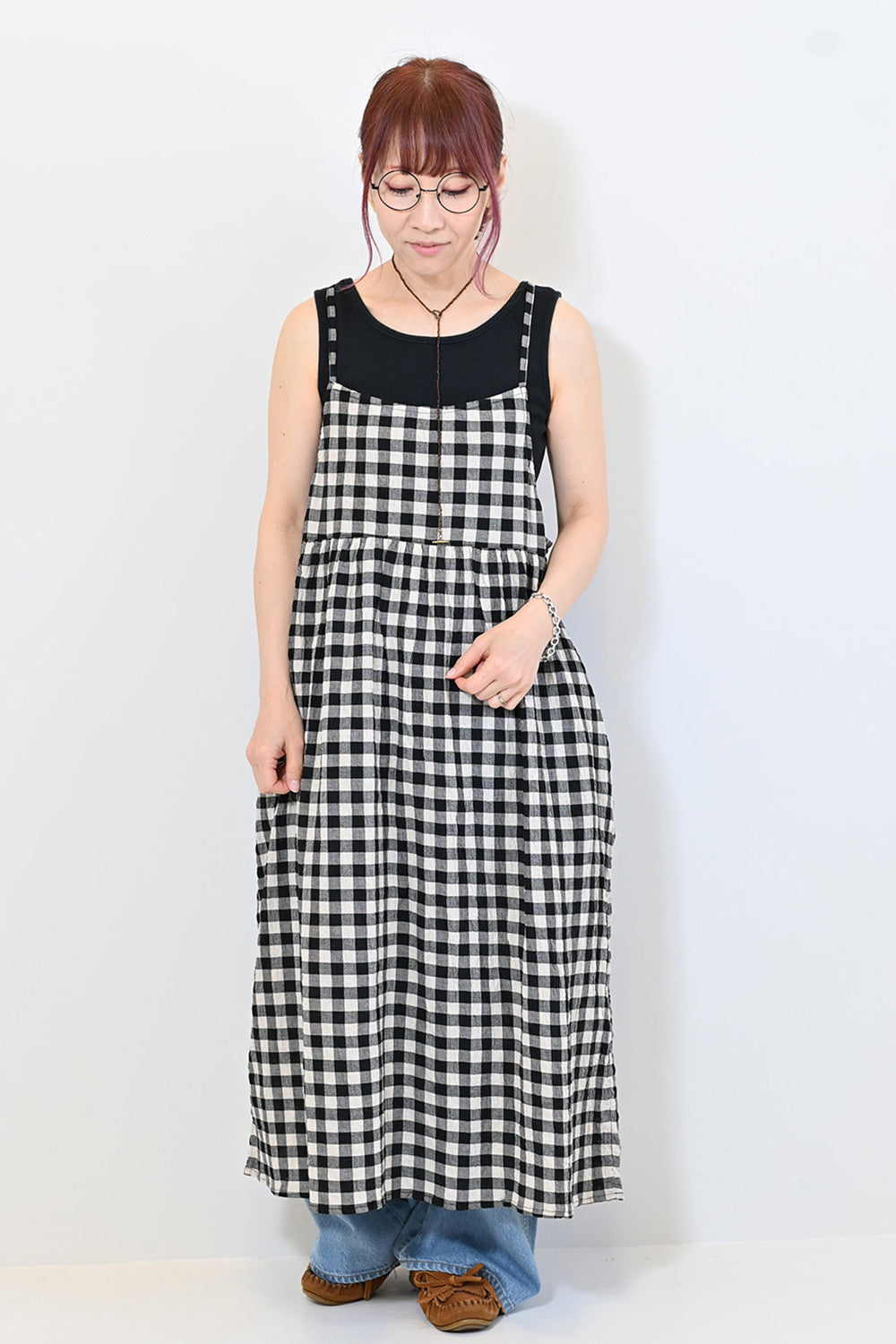 ≪SALE≫CHECK Gathered Cami Dress
