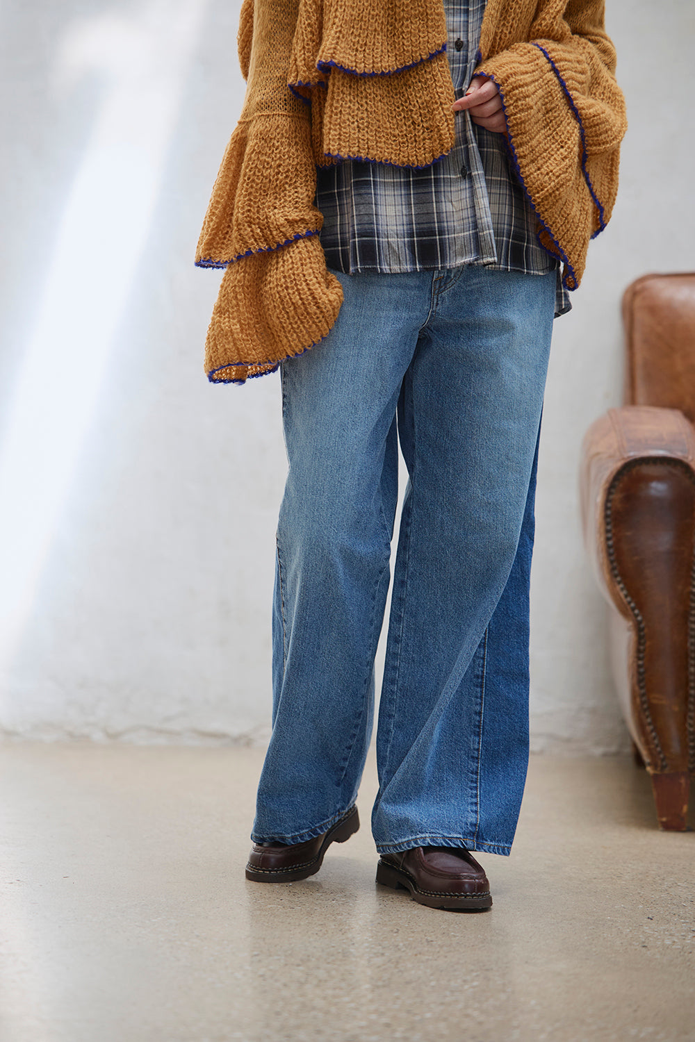ストレートワイド切り替えブロッキングパンツ