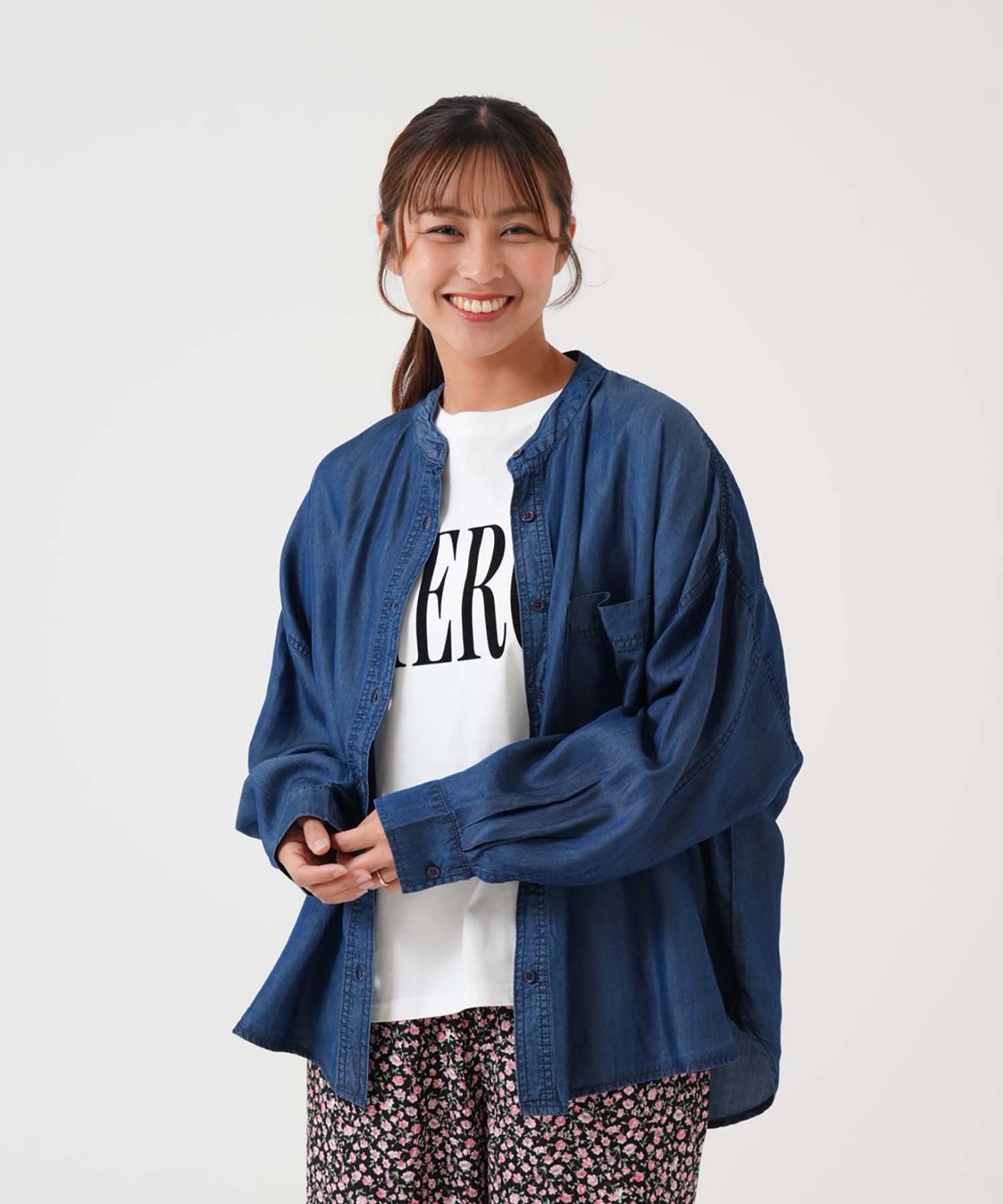 バンドカラー長袖ワイドデニムシャツ