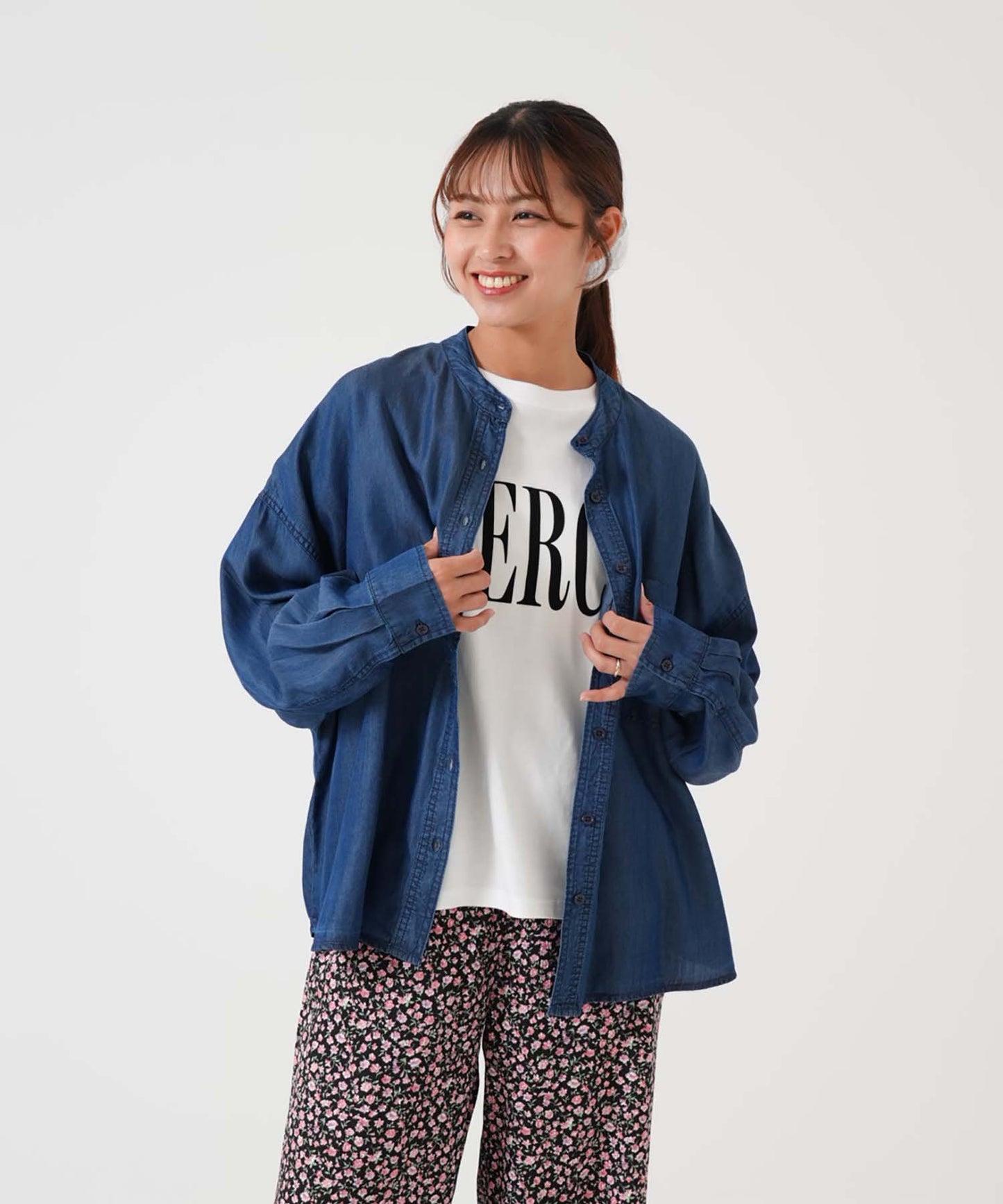 バンドカラー長袖ワイドデニムシャツ