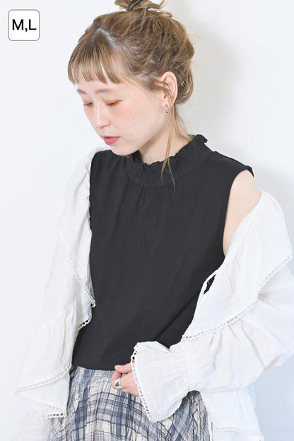 ≪OUTLET SALE≫ Embroidered Lace Collar Shirring Tank