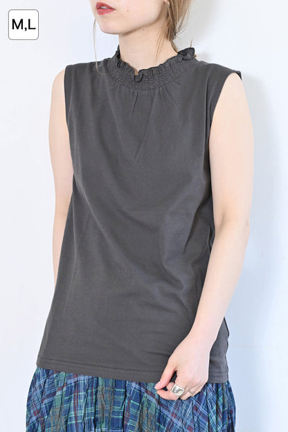 ≪OUTLET SALE≫ Embroidered Lace Collar Shirring Tank