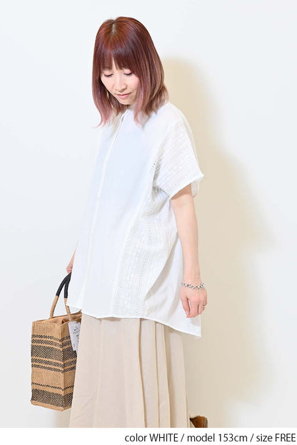 ≪SALE≫ Side Cotton Lace Panel Wide Shirt Tunic