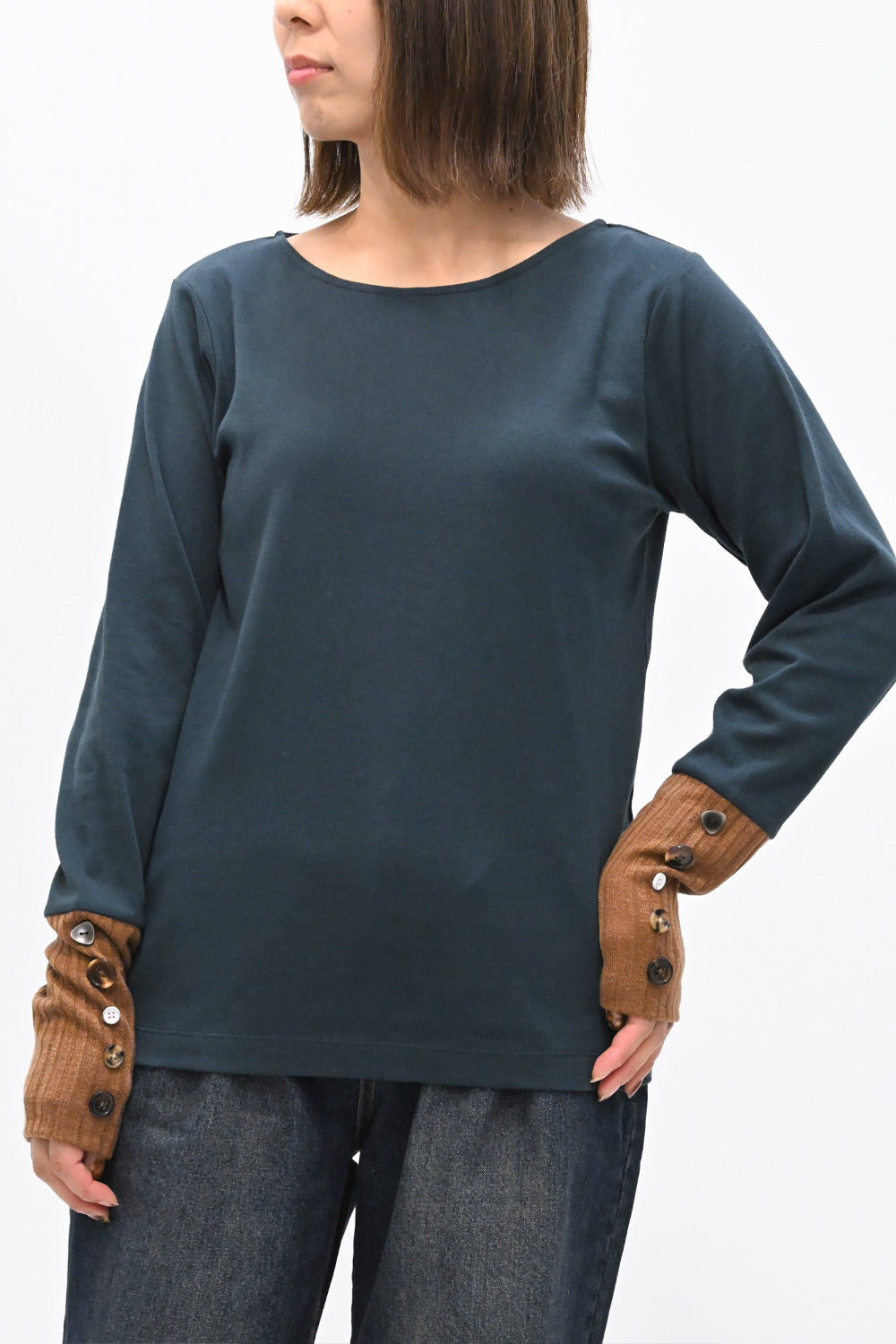 袖切り替えボタン付きロンTee