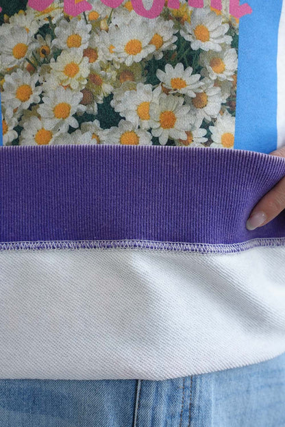 Floral Print Color Block Fleece Pullover