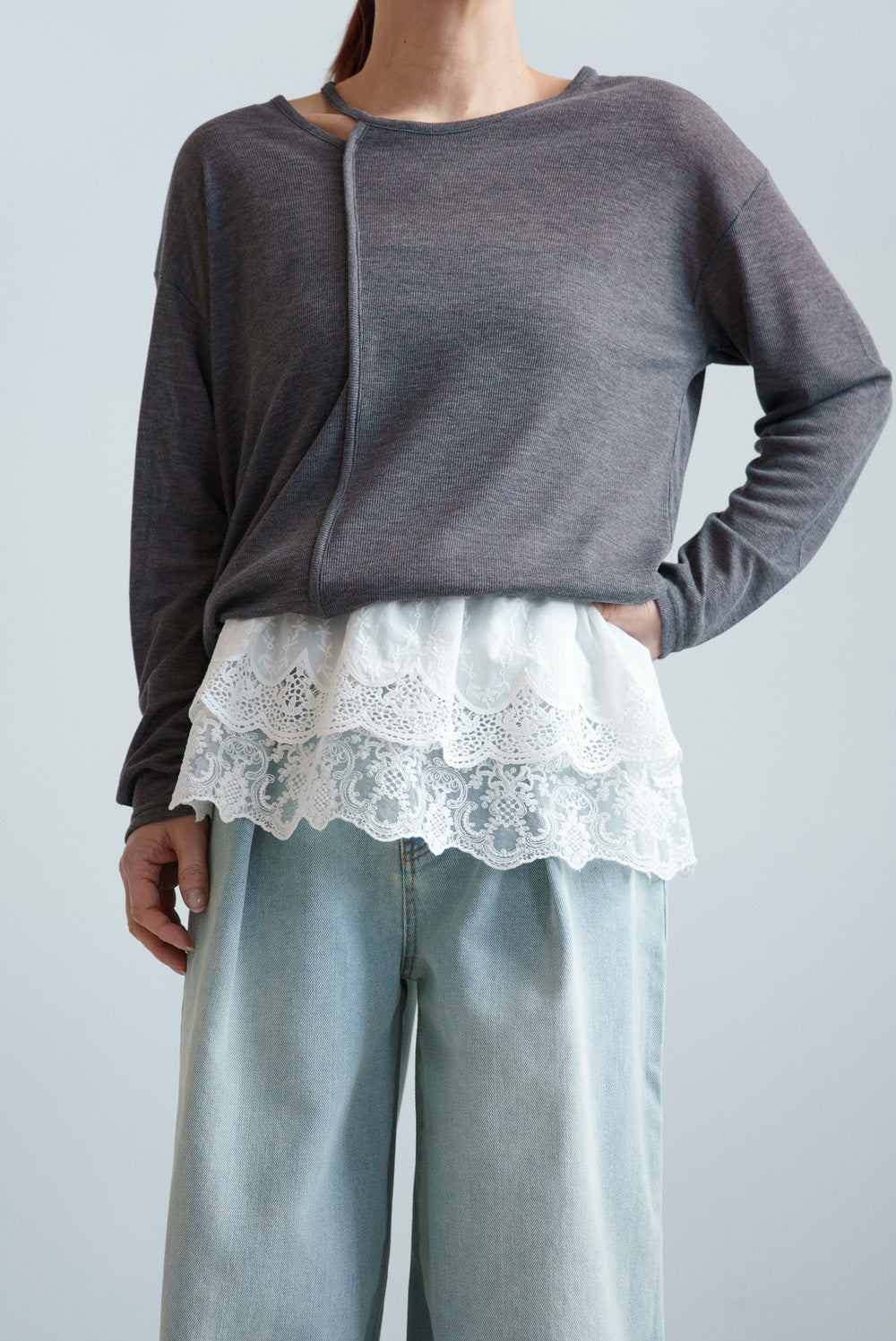 Sheer Ribbed Asymmetric Neck Long Sleeve Tee