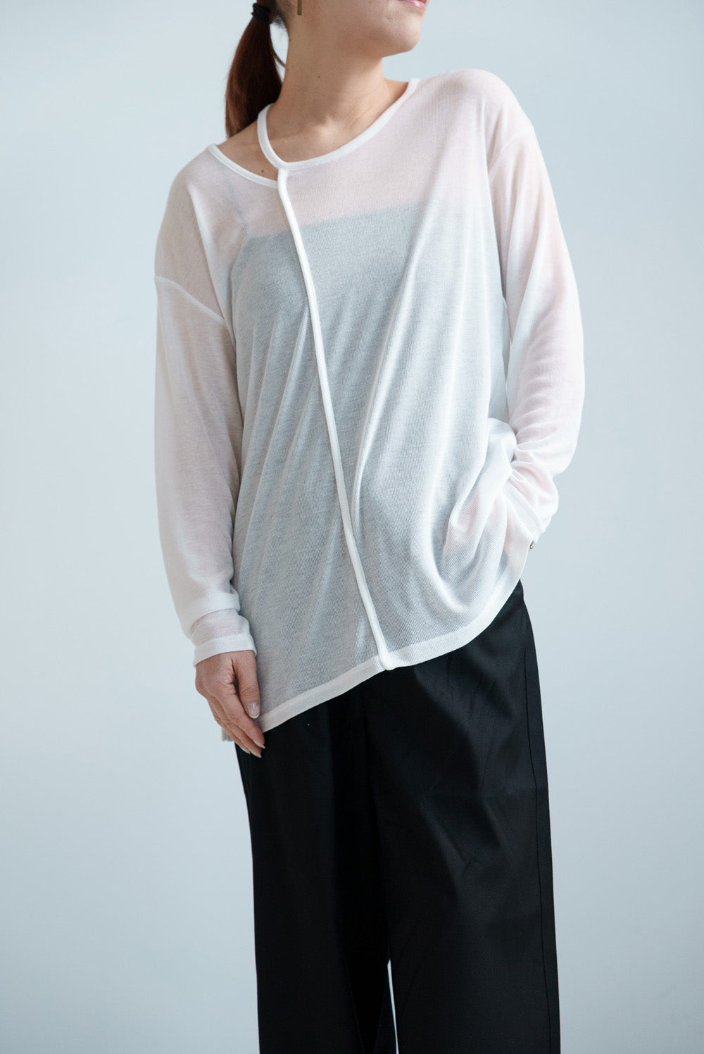 Sheer Ribbed Asymmetric Neck Long Sleeve Tee