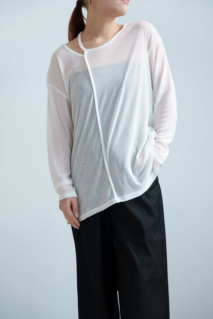 Sheer Ribbed Asymmetric Neck Long Sleeve Tee