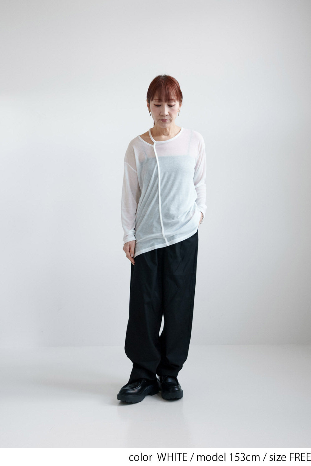 Sheer Ribbed Asymmetric Neck Long Sleeve Tee