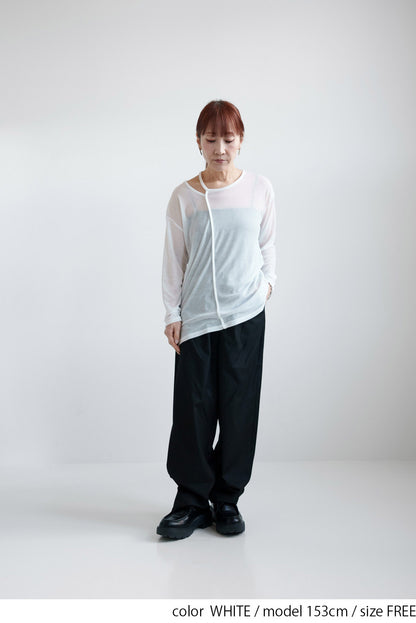 Sheer Ribbed Asymmetric Neck Long Sleeve Tee