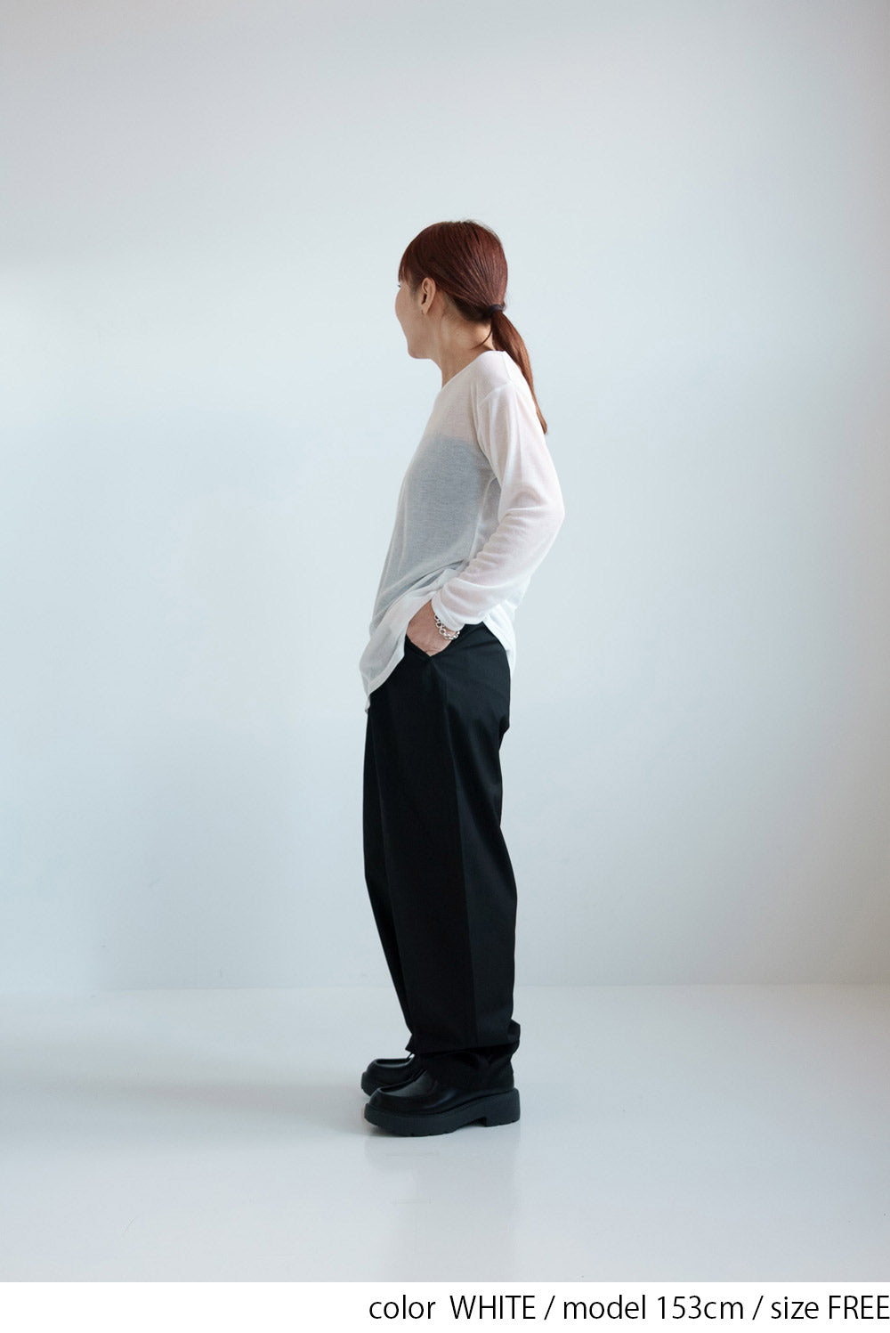 Sheer Ribbed Asymmetric Neck Long Sleeve Tee