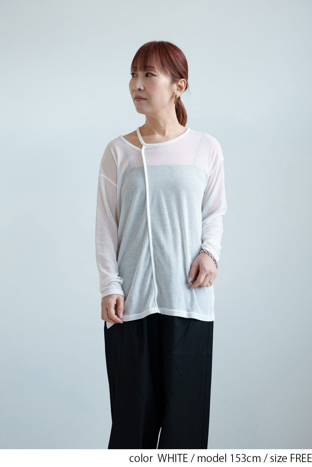 Sheer Ribbed Asymmetric Neck Long Sleeve Tee