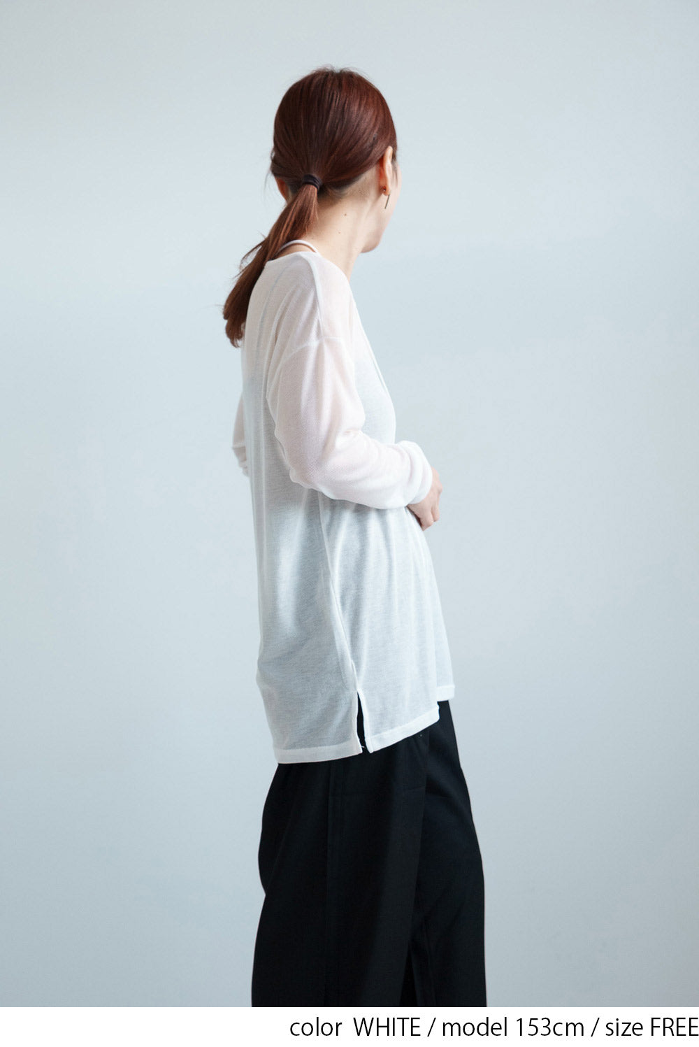Sheer Ribbed Asymmetric Neck Long Sleeve Tee