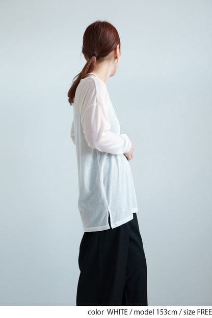 Sheer Ribbed Asymmetric Neck Long Sleeve Tee
