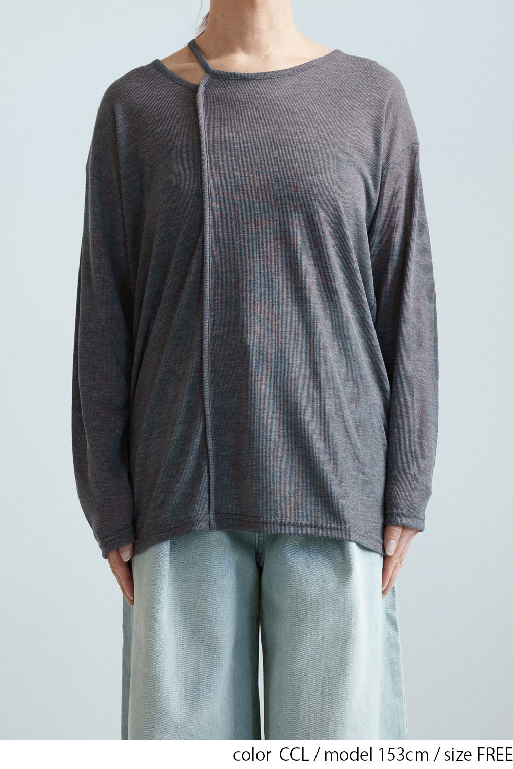Sheer Ribbed Asymmetric Neck Long Sleeve Tee