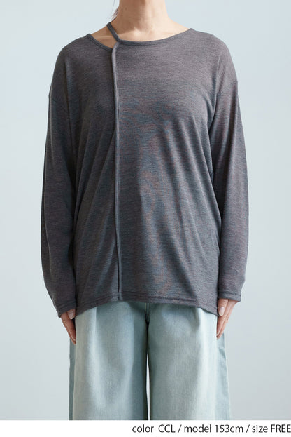 Sheer Ribbed Asymmetric Neck Long Sleeve Tee