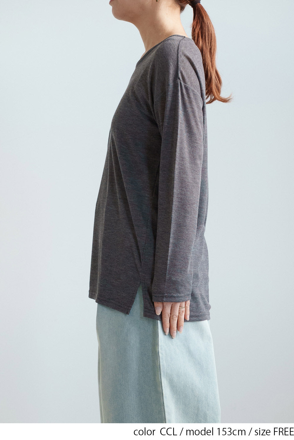 Sheer Ribbed Asymmetric Neck Long Sleeve Tee