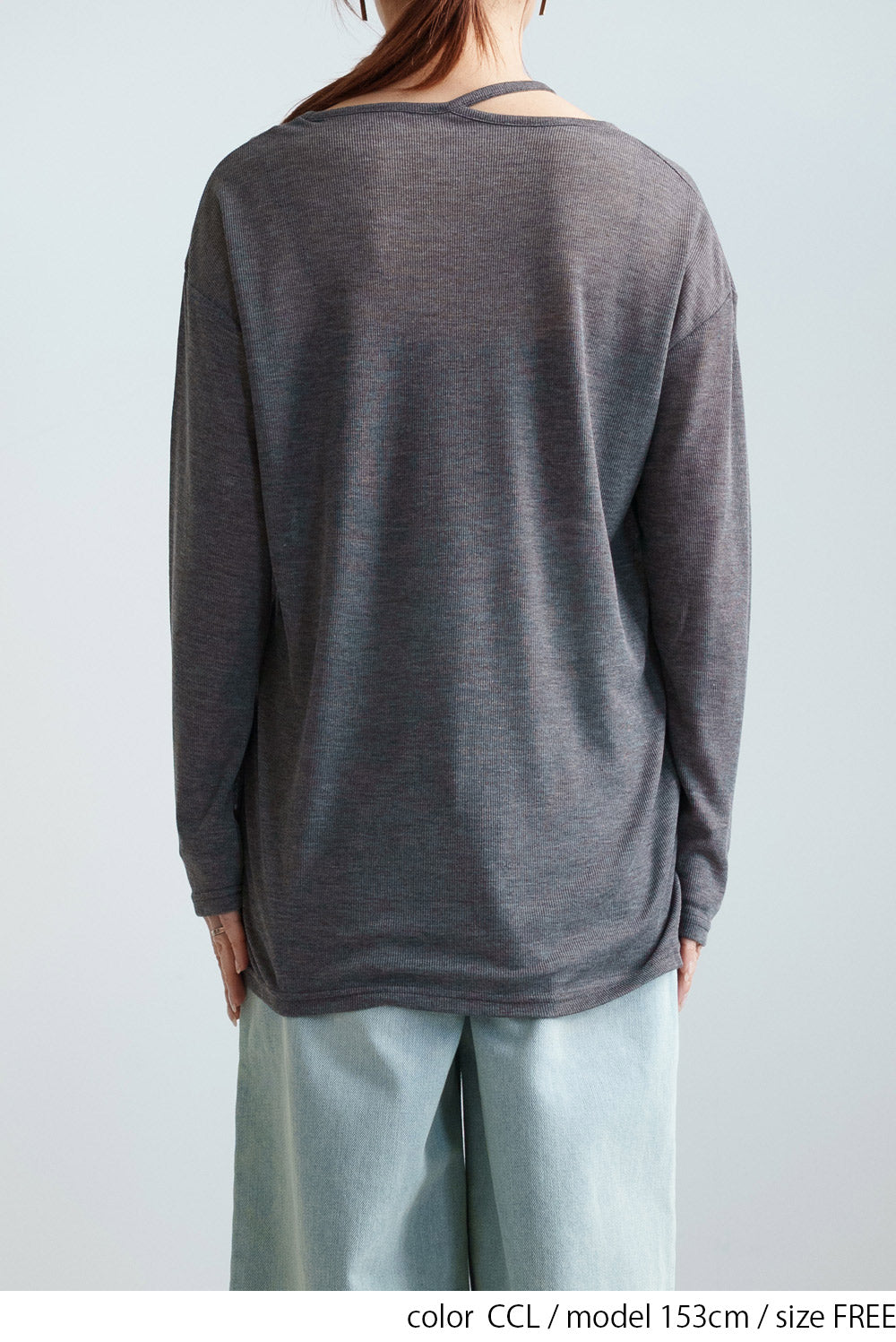 Sheer Ribbed Asymmetric Neck Long Sleeve Tee