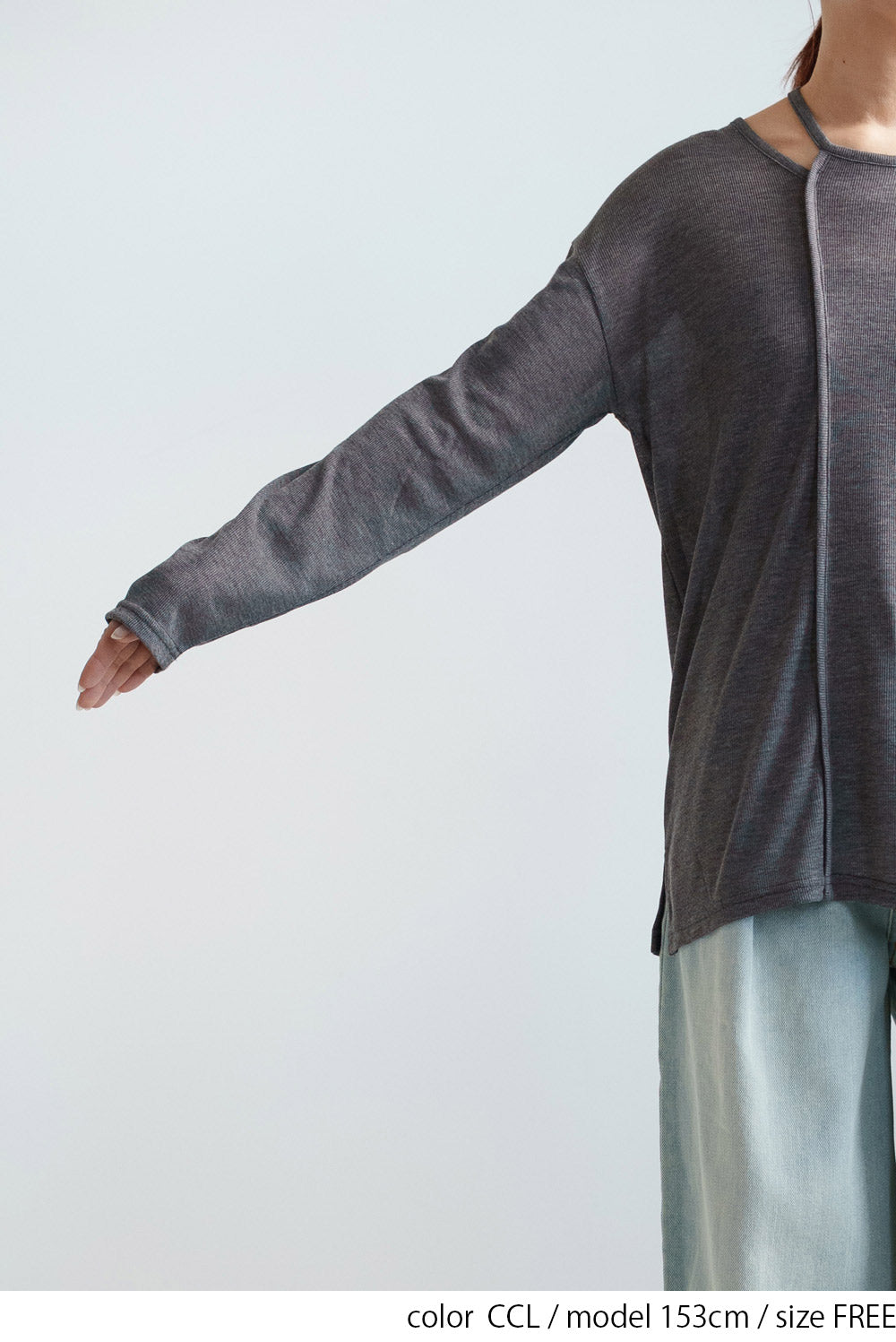 Sheer Ribbed Asymmetric Neck Long Sleeve Tee