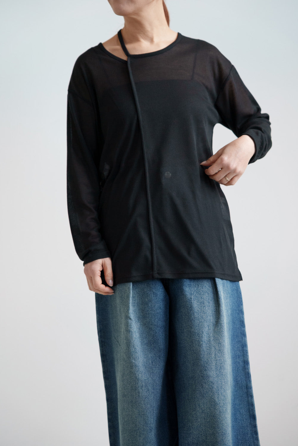 Sheer Ribbed Asymmetric Neck Long Sleeve Tee