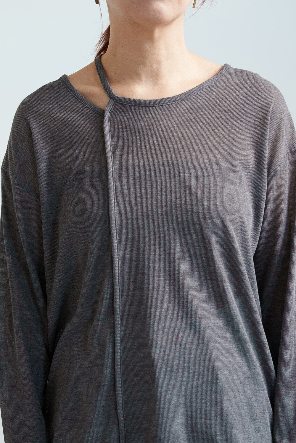 Sheer Ribbed Asymmetric Neck Long Sleeve Tee