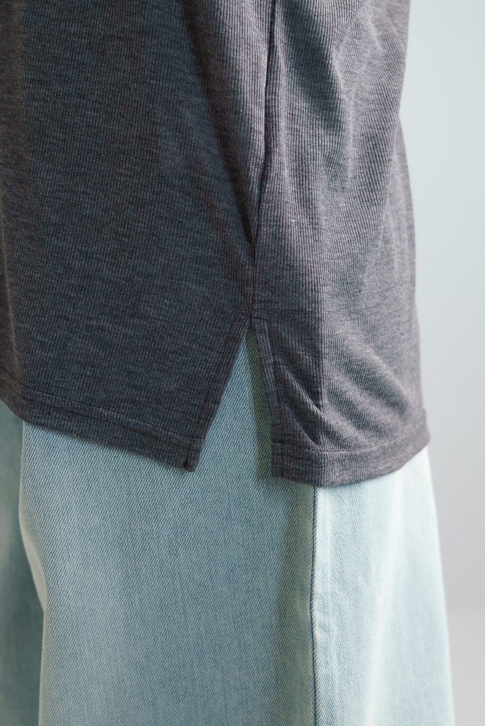 Sheer Ribbed Asymmetric Neck Long Sleeve Tee