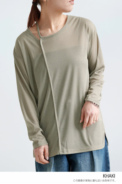 Sheer Ribbed Asymmetric Neck Long Sleeve Tee