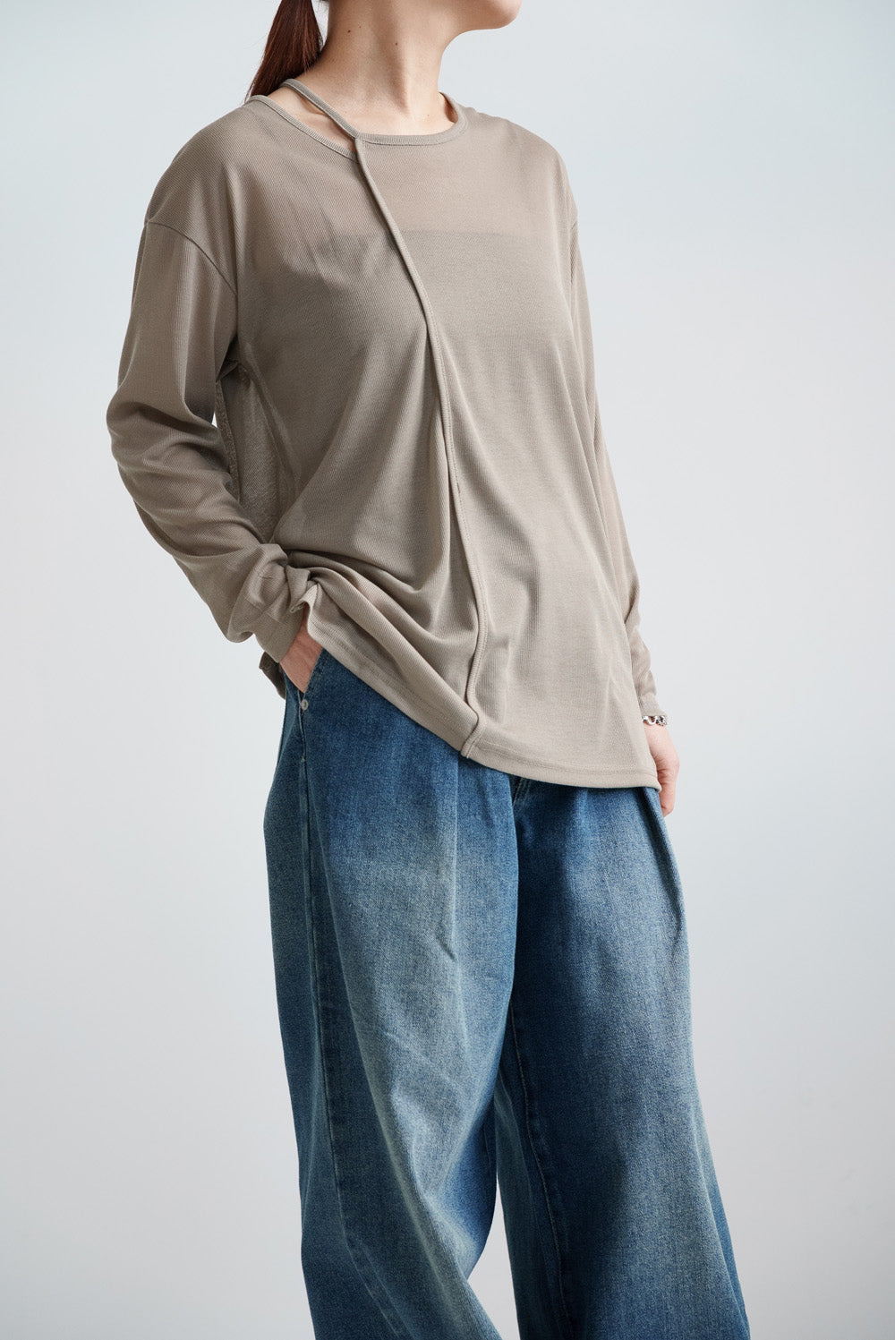 Sheer Ribbed Asymmetric Neck Long Sleeve Tee