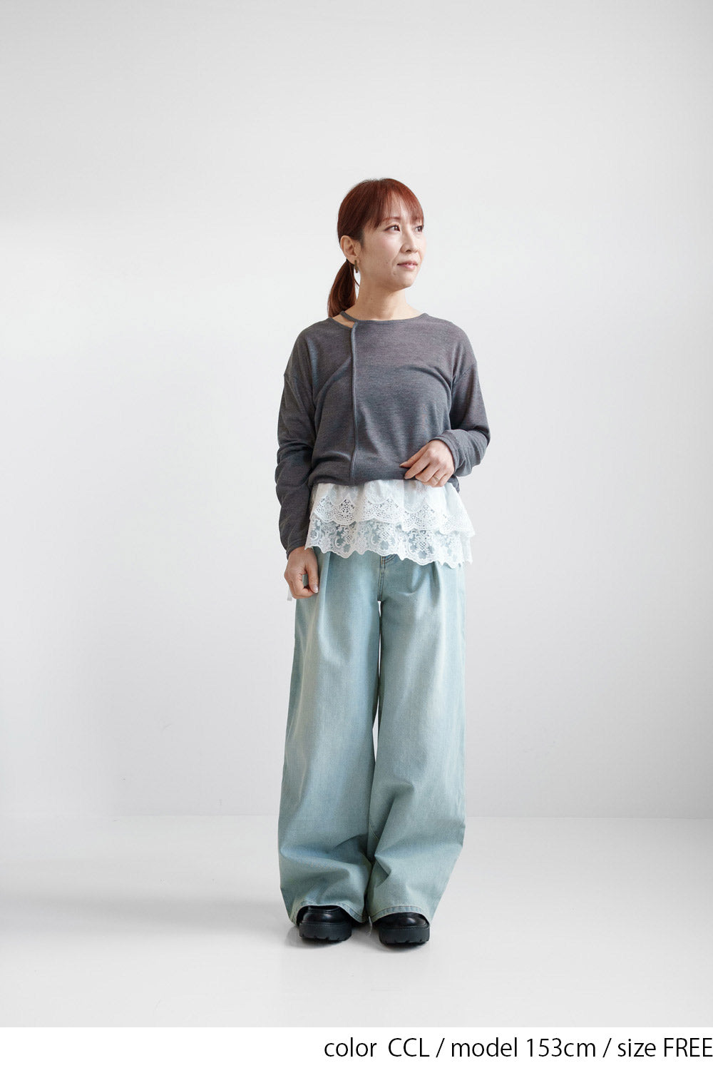 Sheer Ribbed Asymmetric Neck Long Sleeve Tee