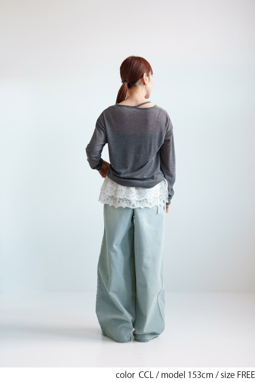 Sheer Ribbed Asymmetric Neck Long Sleeve Tee