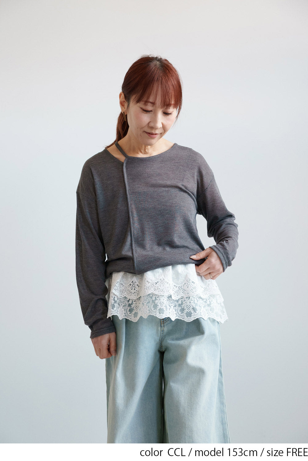 Sheer Ribbed Asymmetric Neck Long Sleeve Tee