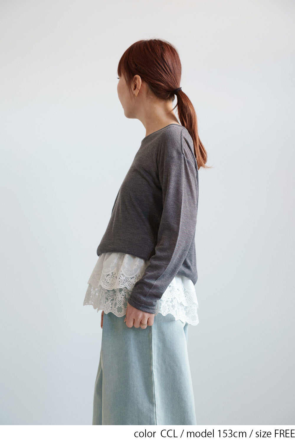 Sheer Ribbed Asymmetric Neck Long Sleeve Tee