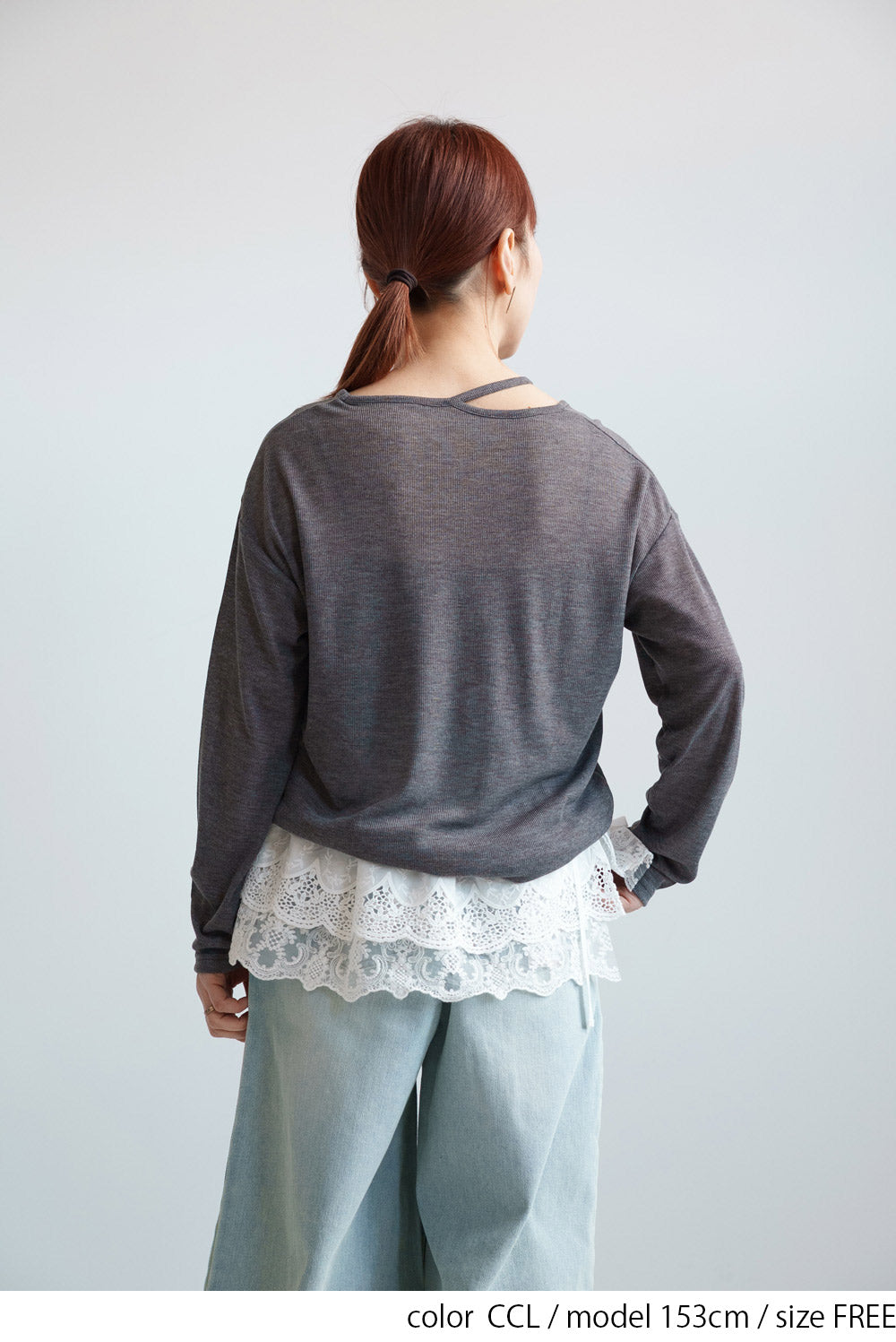 Sheer Ribbed Asymmetric Neck Long Sleeve Tee