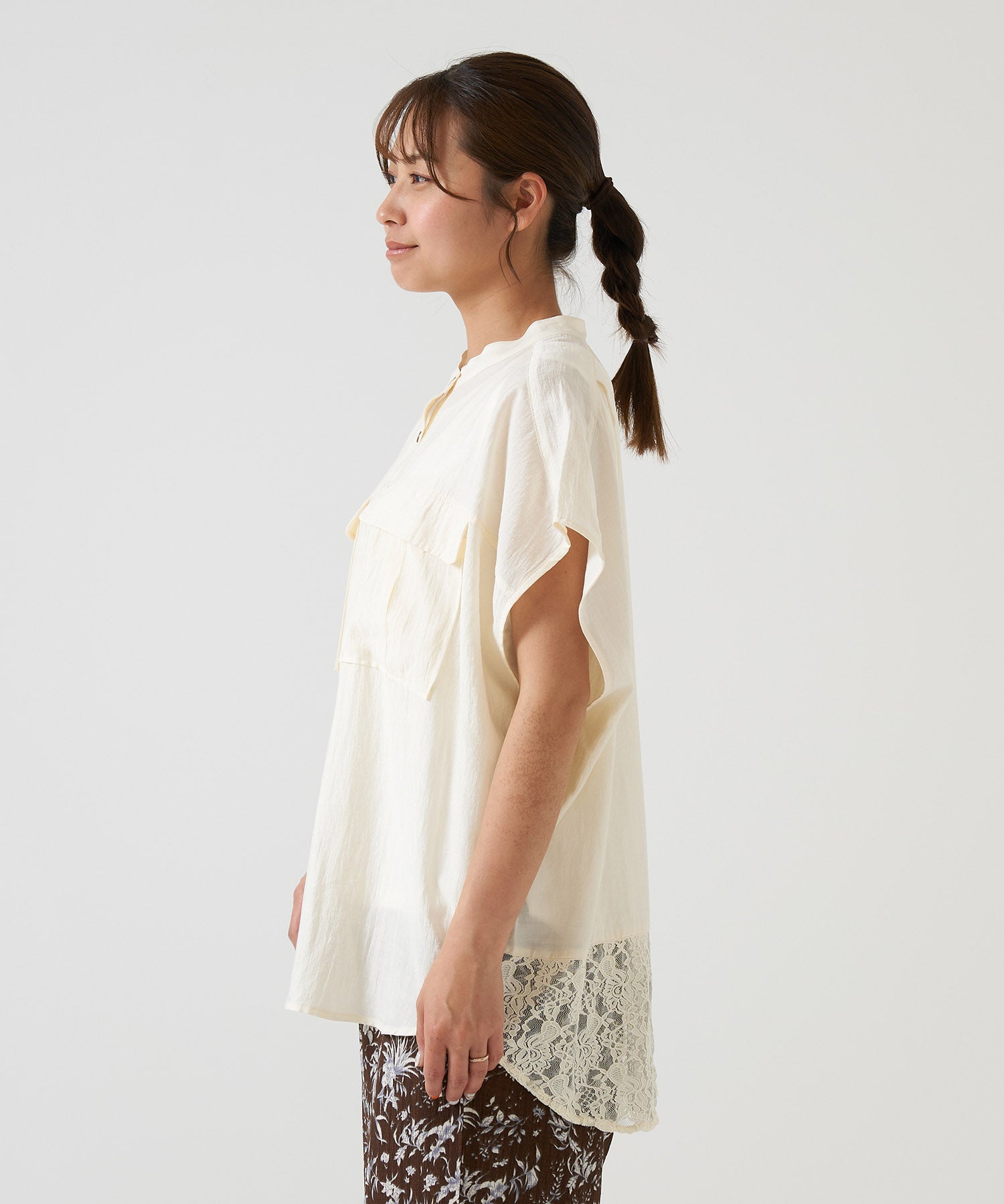 まぁたん④夏3Lブルーグリーン∞カットワークレース切替半袖Tシャツ