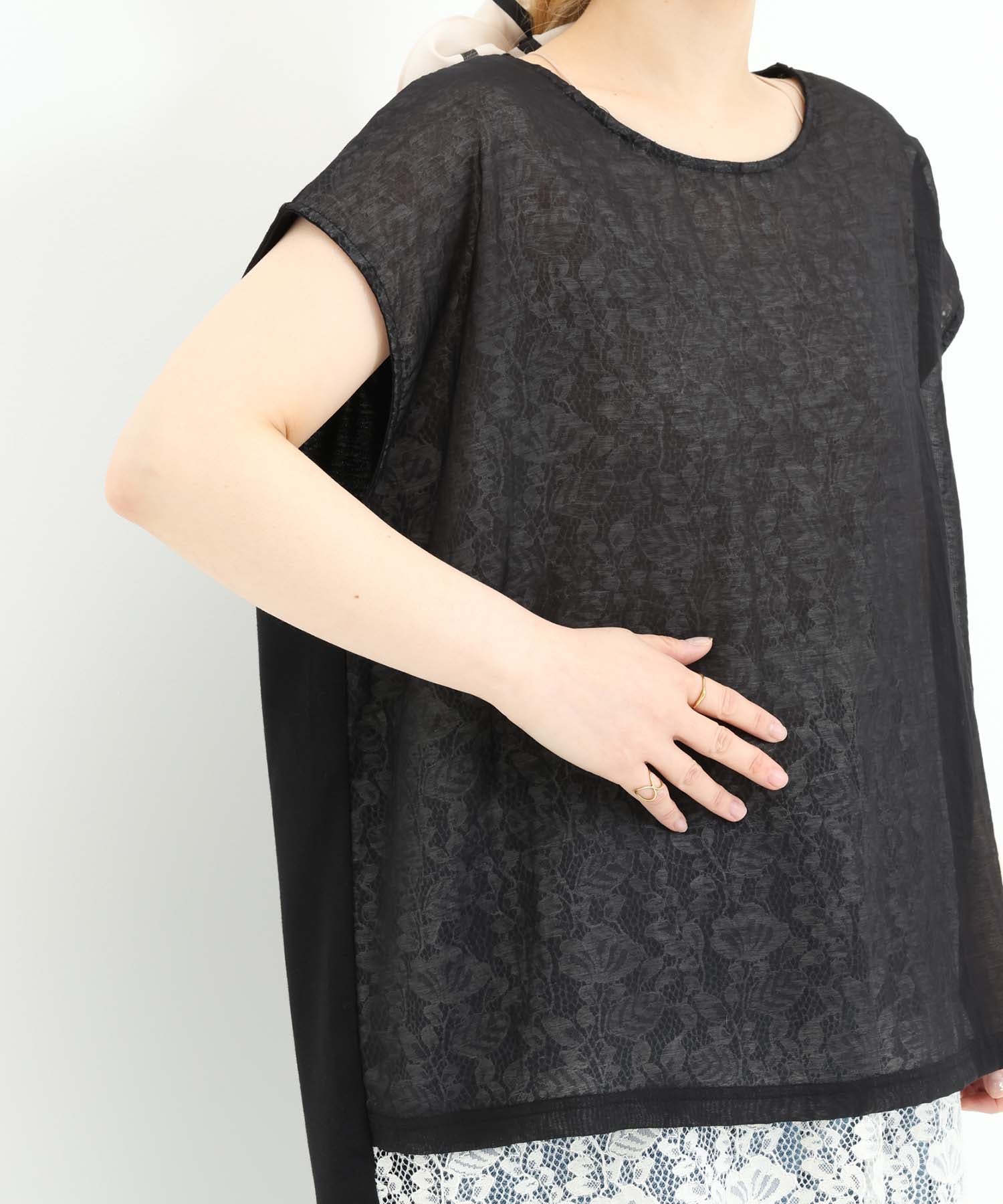 《近日発売》レースシアー異素材切り替えプルオーバー