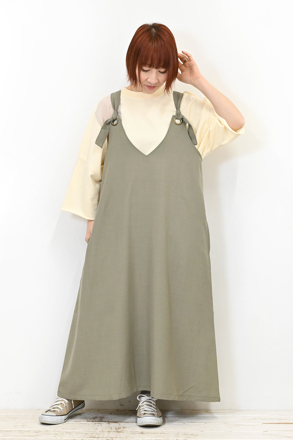 ≪SALE≫麻調ベルトストラップフレアロングワンピース – HEART