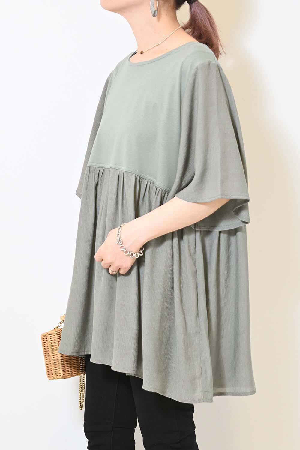 ≪OUTLET SALE≫Woven Fabric Docking Flare Sleeve Tunic