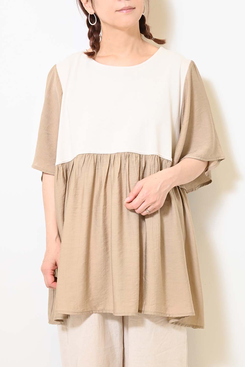 ≪OUTLET SALE≫Woven Fabric Docking Flare Sleeve Tunic