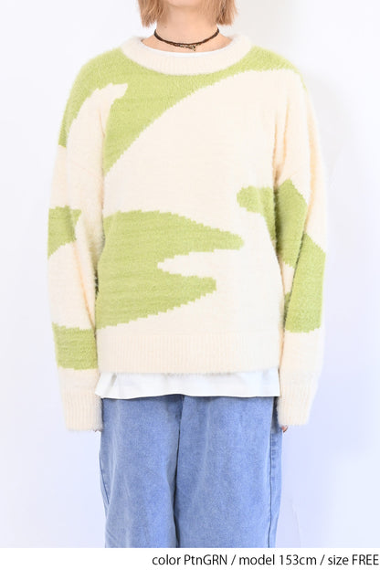 アート柄シャギーニットプルオーバー