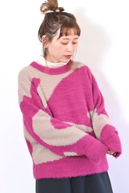 アート柄シャギーニットプルオーバー