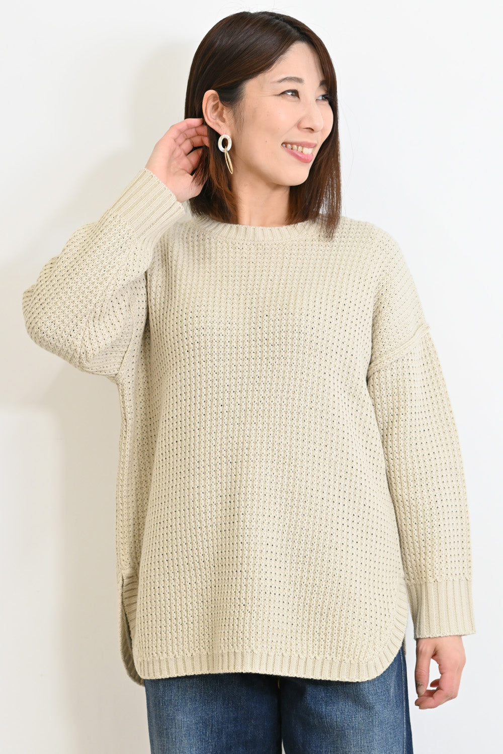 裾ラウンドワッフルニットプルオーバー