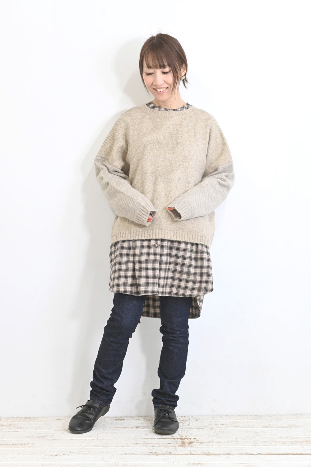 袖配色ゆったりニットプルオーバー