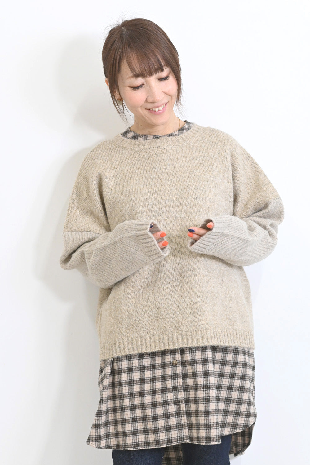 袖配色ゆったりニットプルオーバー