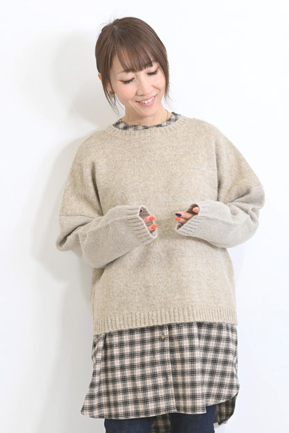 袖配色ゆったりニットプルオーバー
